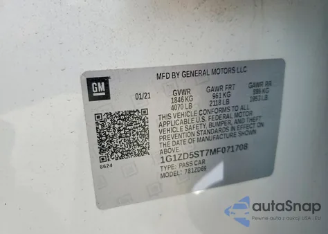 2021 Chevrolet Malibu Lt из США, поврежденный, VIN 1G1ZD5ST7MF071708